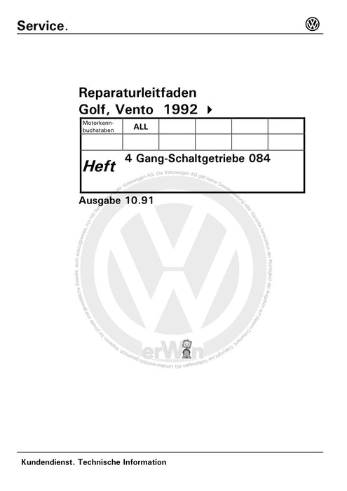 Golf III (1992 - 1999) Golf-Golf Variant-Vento Reparaturanleitung 4 Gang Schaltgetriebe s084 APY CDE