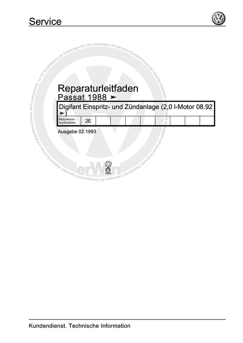 Passat (1988 - 1994) Passat-Passat Variant Reparaturanleitung Digifant Einspritz- und Zündanlage (2,0 l-Motor 08.92 ä)