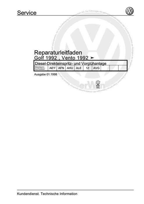 Golf III (1992 - 1999) Golf-Golf Variant-Vento Reparaturanleitung Diesel-Direkteinspritz- und Vorglühanlage