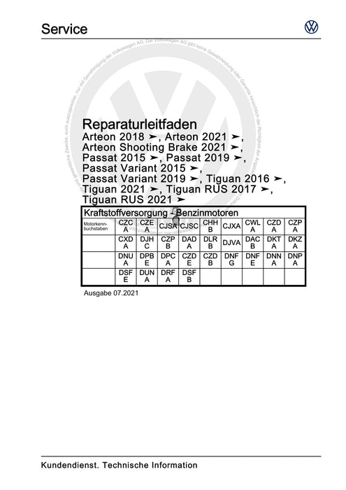 Passat (2011+) Passat-Passat Variant Reparaturanleitung Kraftstoffversorgung - Benzinmotoren