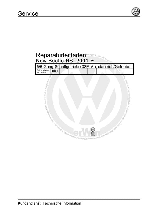 Beetle (1998 - 2010) New Beetle-Cabrio Reparaturanleitung 5-6 Gang-Schaltgetriebe 02M Allradantrieb-Getriebe