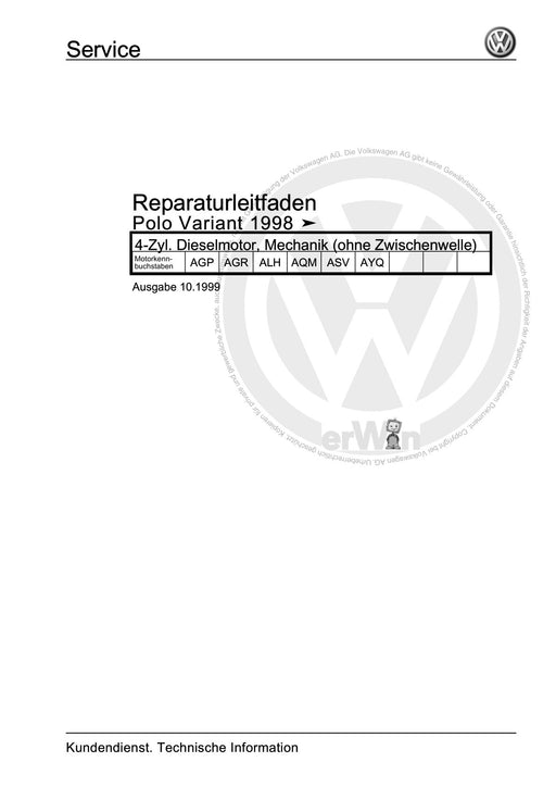 Polo (1995 - 2002) Polo Reparaturanleitung 4-Zyl. Dieselmotor, Mechanik (ohne Zwischenwelle)