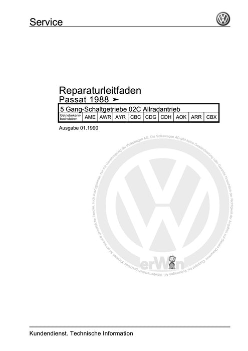 Passat (1988 - 1994) Passat-Passat Variant Reparaturanleitung 5 Gang-Schaltgetriebe 02C Allradantrieb
