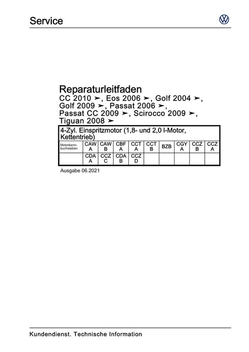 Golf VI (2009 - 2013) Golf-Plus-Cabriolet-Variant Reparaturanleitung 4-Zyl. Einspritzmotor (1,8- und 2,0 l-Motor, Kettentrieb)