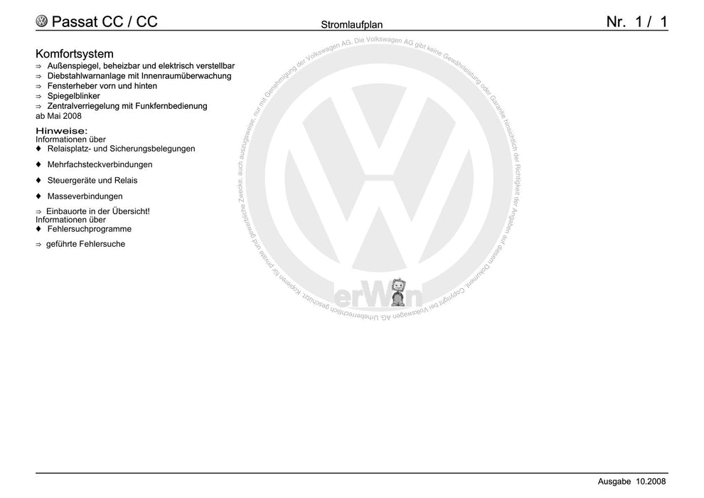 Passat CC (2009) Stromlaufplan Komfortsystem, Außenspiegel, beheizbar und elektrisch verstellbar, Diebstahlwarnanlage mit Innenraumüberwachung, Fensterheb