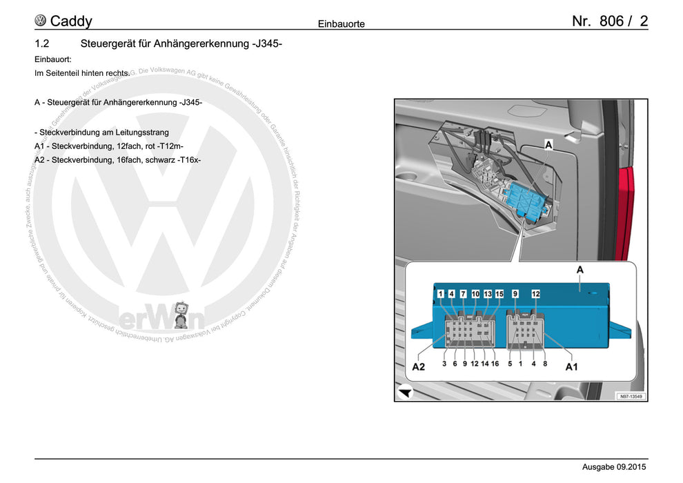 Caddy (2016 - 2020 ) Stromlaufplan -Einbauorte+Steuergeräte im hinteren Teil des Fahrzeugs