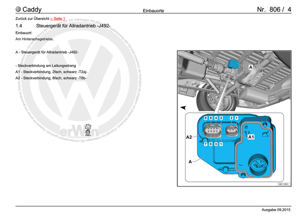 Caddy (2016 - 2020 ) Stromlaufplan -Einbauorte+Steuergeräte im hinteren Teil des Fahrzeugs