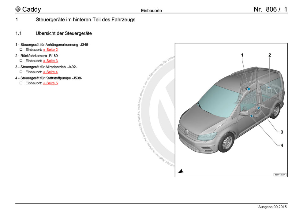 Caddy (2016 - 2020 ) Stromlaufplan -Einbauorte+Steuergeräte im hinteren Teil des Fahrzeugs