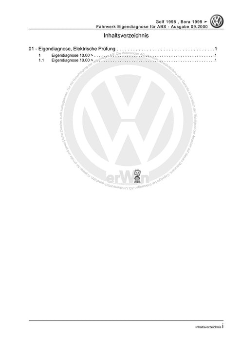 Golf IV (1998 - 2006) Golf-Golf Variant-Bora-Bora Variant Reparaturanleitung Fahrwerk Eigendiagnose für ABS