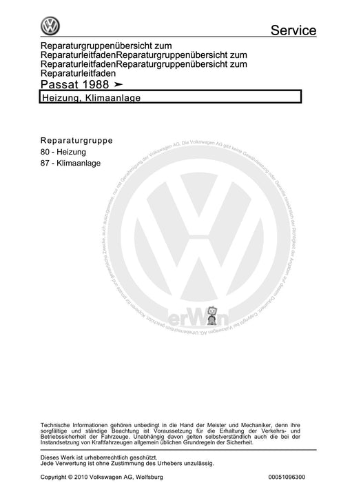 Passat (1988 - 1994) Passat-Passat Variant Reparaturanleitung Heizung, Klimaanlage