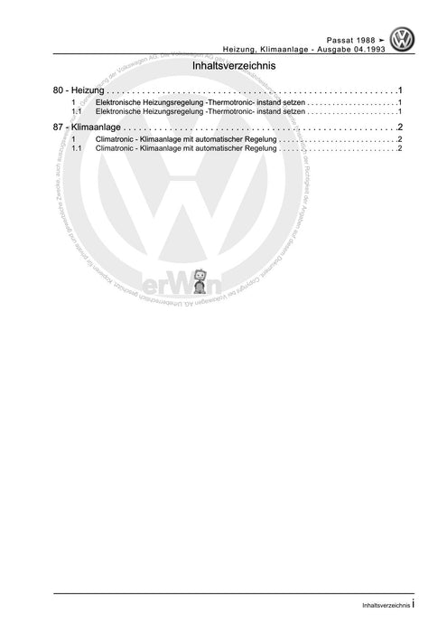 Passat (1988 - 1994) Passat-Passat Variant Reparaturanleitung Heizung, Klimaanlage
