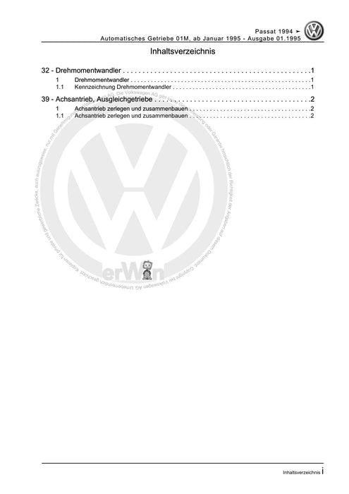 Passat (1994 - 1997) Passat-Passat Variant Reparaturanleitung Automatisches Getriebe 01M, ab Januar 1995