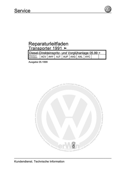 Transporter (1991 - 1996) Reparaturanleitung Diesel-Direkteinspritz- und Vorglühanlage 05.99+