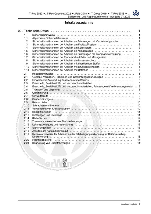 T-Cross (2019+) Reparaturanleitung Sicherheits- und Reparaturhinweise