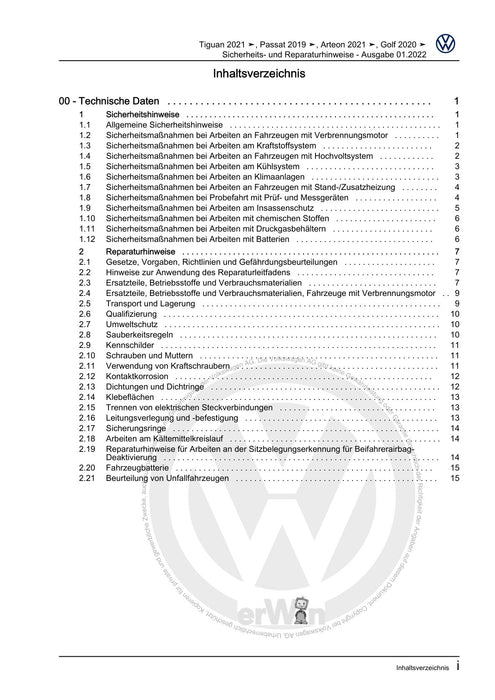 Tiguan (2008+) Reparaturanleitung Sicherheits- und Reparaturhinweise