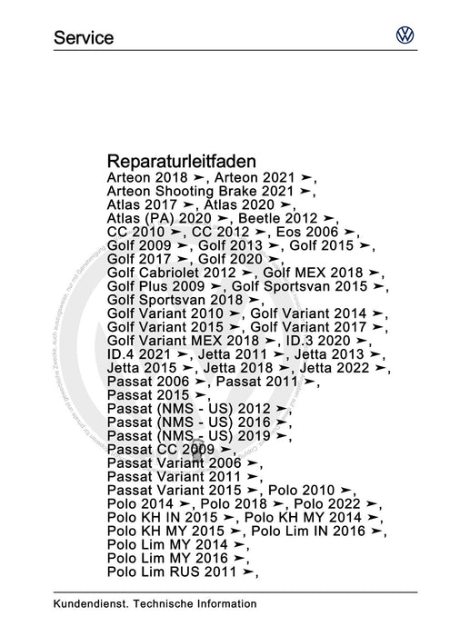 Arteon (2018 - 2020) Reparaturanleitung Handbuch zur Suche und Diagnose von Geräuschen