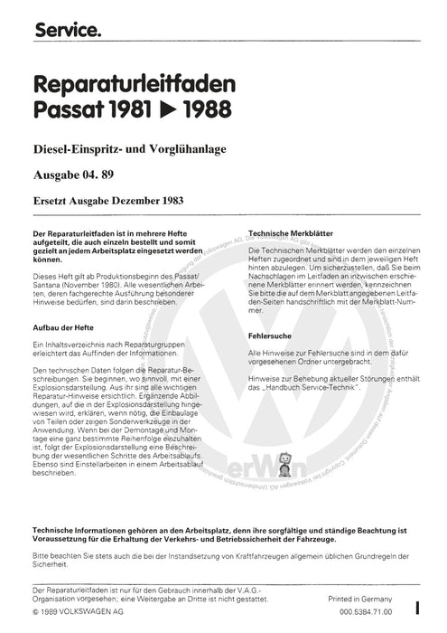 Passat (1974 - 1988) Passat-Passat Variant Reparaturanleitung Diesel-Einspritz- und Vorglühanlage CR,CY,JK