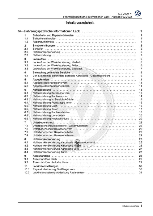ID.3 (2020+) Reparaturanleitung Fahrzeugspezifische Informationen Lack