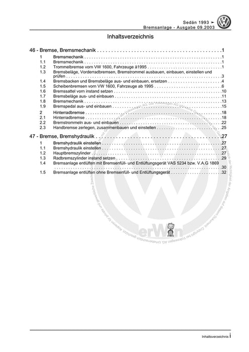 Sedan-Käfer (1998 - 2004) Reparaturanleitung Bremsanlage
