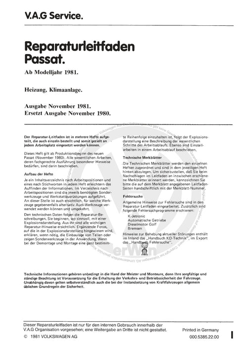 Passat (1982 - 1988) Passat-Santana Reparaturanleitung Heizung, Klimaanlage