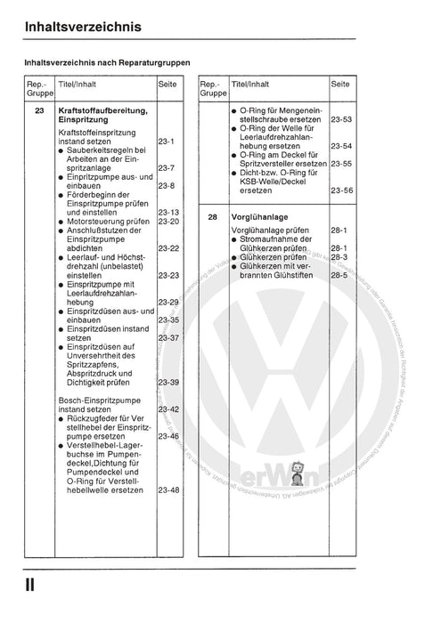 Jetta (1980 - 1988) Jetta Reparaturanleitung Diesel Einspritz- und Vorglühanlage CK,CR,CY,JK
