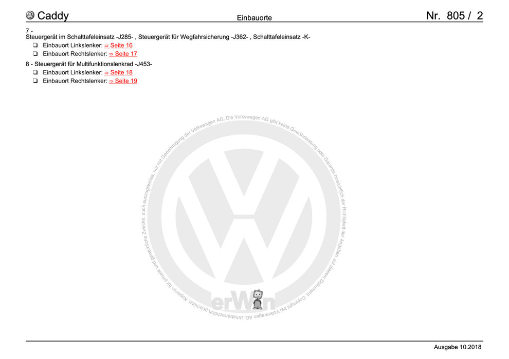 Caddy (2016 - 2020 ) Stromlaufplan -Einbauorte+Steuergeräte im mittleren Teil des Fahrzeugs