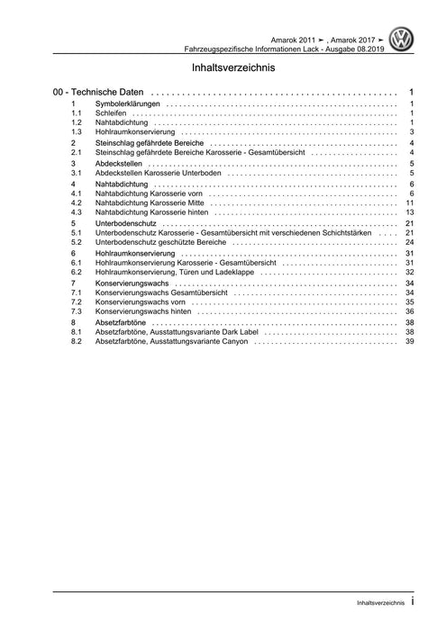 Amarok (2011+) Reparaturanleitung Fahrzeugspezifische Informationen Lack