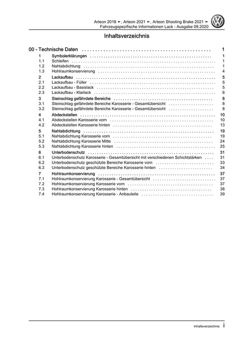 Arteon (2018 - 2020) Reparaturanleitung Fahrzeugspezifische Informationen Lack
