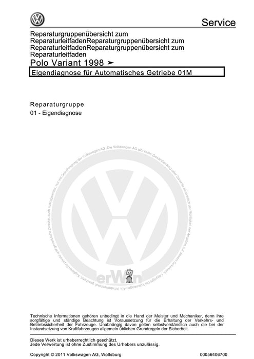 Caddy (1996 - 2003) Caddy Kasten-Kombi Reparaturanleitung Eigendiagnose für Automatisches Getriebe 01M