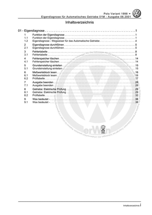 Caddy (1996 - 2003) Caddy Kasten-Kombi Reparaturanleitung Eigendiagnose für Automatisches Getriebe 01M