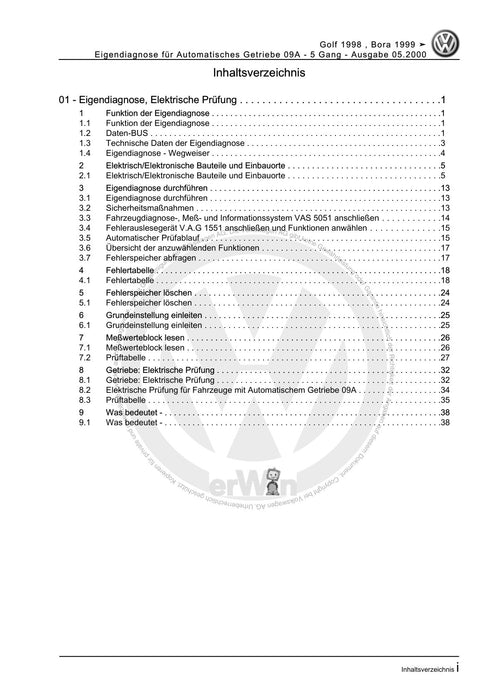 Bora (1999 - 2006) Bora-Bora Variant Reparaturanleitung Eigendiagnose für Automatisches Getriebe 09A - 5 Gang