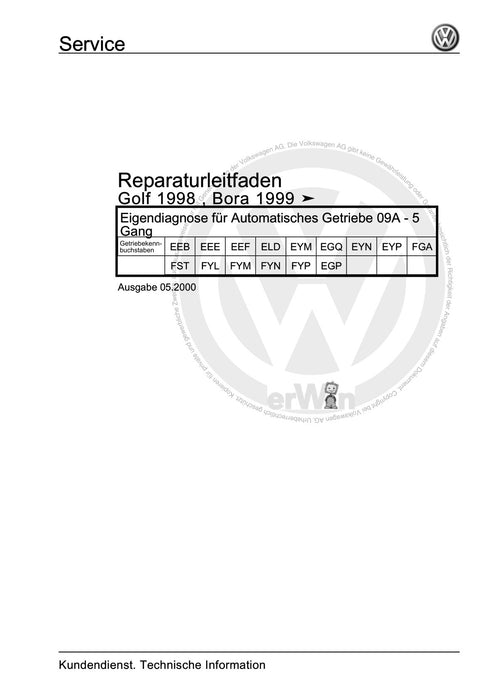 Bora (1999 - 2006) Bora-Bora Variant Reparaturanleitung Eigendiagnose für Automatisches Getriebe 09A - 5 Gang