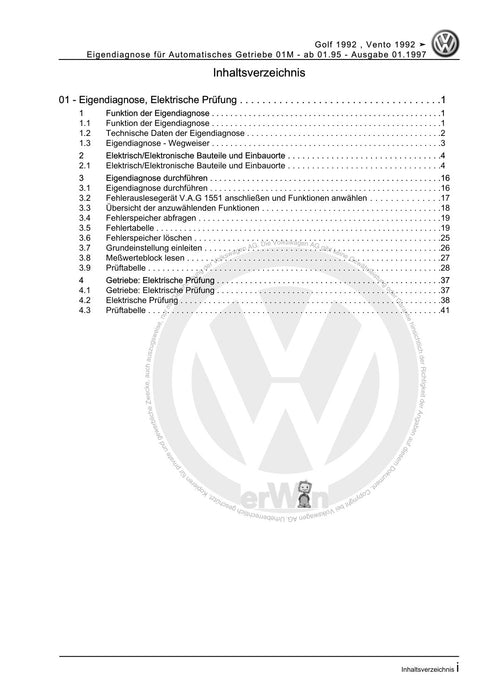 Golf III (1992 - 1999) Golf-Golf Variant-Vento Reparaturanleitung Eigendiagnose für Automatisches Getriebe 01M - ab 01.95