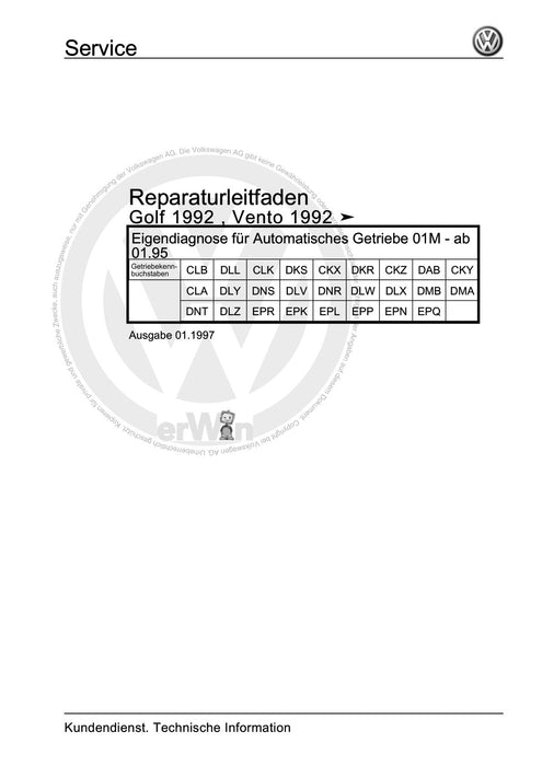Golf III (1992 - 1999) Golf-Golf Variant-Vento Reparaturanleitung Eigendiagnose für Automatisches Getriebe 01M - ab 01.95