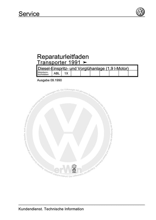 Transporter (1991 - 1996) Reparaturanleitung Diesel-Einspritz- und Vorglühanlage (1,9 l-Motor)