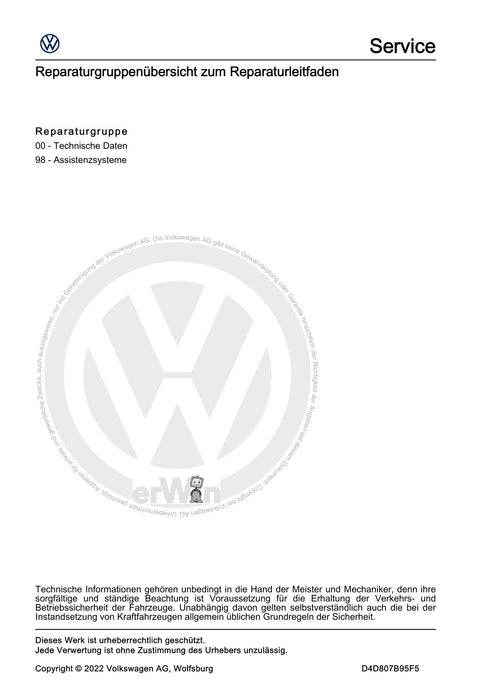 ID.4 (2020+) E2, E21] Reparaturanleitung Fahr-Assistenzsysteme