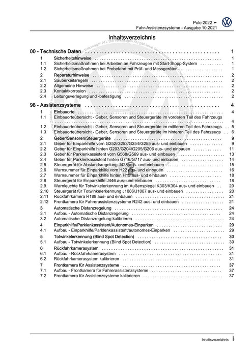 Polo 2022 Reparaturanleitung Fahr-Assistenzsysteme