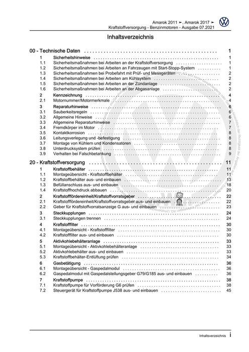 Amarok (2011+) Reparaturanleitung Kraftstoffversorgung - Benzinmotoren