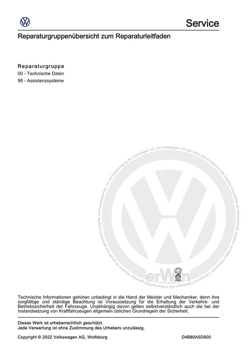 Caddy (2021+) Reparaturanleitung Fahr-Assistenzsysteme