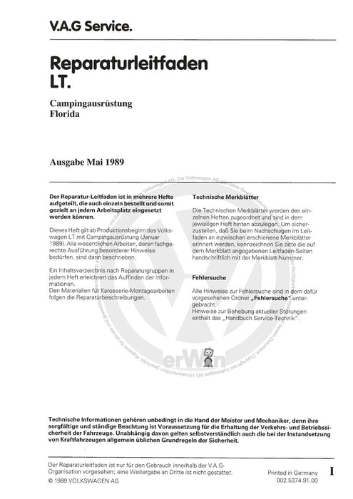 LT (1975 - 1996) Reparaturanleitung Campingausrüstung (Florida)