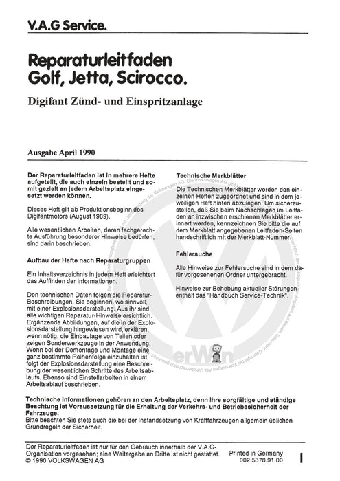 Jetta (1980 - 1988) Jetta Reparaturanleitung Digifant Zünd- und Einspritzanlage, Golf-Cabriolet ab 1990 2H