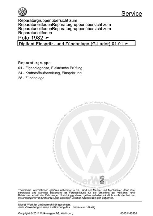 Polo (1981 - 1994) Polo-Coupe-Steilheck-Stufenheck Reparaturanleitung Digifant Einspritz- und Zündanlage (G-Lader) 01.91 ä