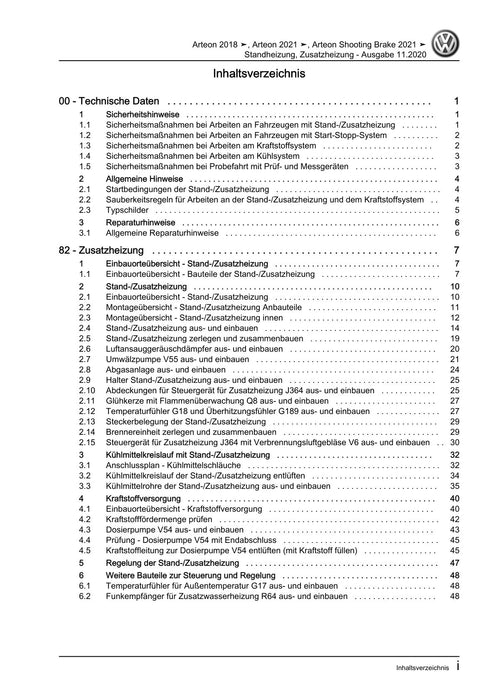 Arteon (2021+) Reparaturanleitung Standheizung, Zusatzheizung