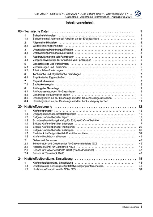 Golf IV (1998 - 2006) Golf-Golf Variant-Bora-Bora Variant Reparaturanleitung Gasantrieb - Allgemeine Informationen