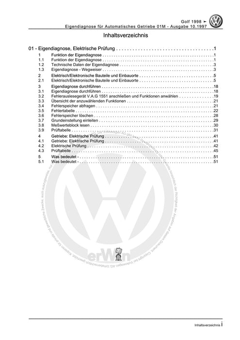 Golf IV (1998 - 2006) Golf-Golf Variant-Bora-Bora Variant Reparaturanleitung Eigendiagnose für Automatisches Getriebe 01M
