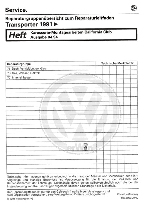 Transporter (1996 - 2003) Reparaturanleitung Karosserie-Montagearbeiten, California Club