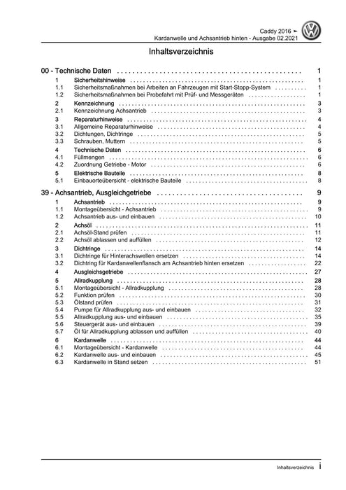 Caddy (2016 - 2020 ) Reparaturanleitung Kardanwelle und Achsantrieb hinten
