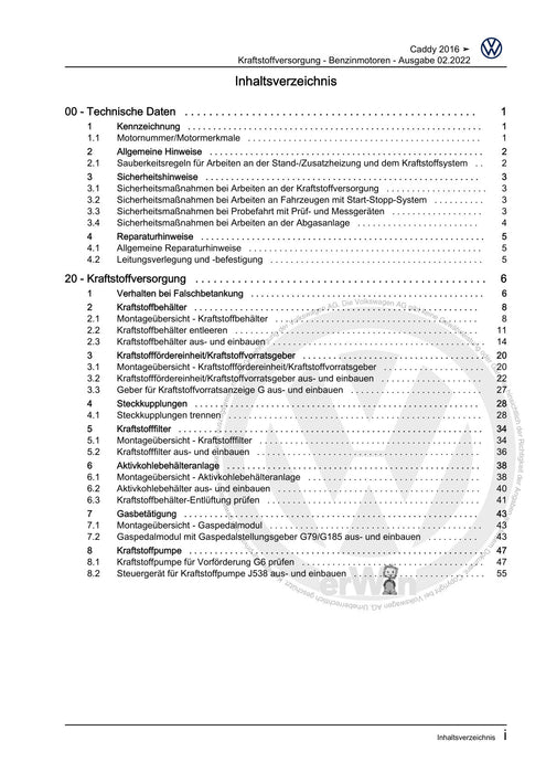 Caddy (2016 - 2020 ) Reparaturanleitung Kraftstoffversorgung - Benzinmotoren