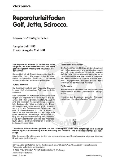 Golf I (1974 - 1984) Reparaturanleitung Karosserie-Montagearbeiten Scirocco ab 1981