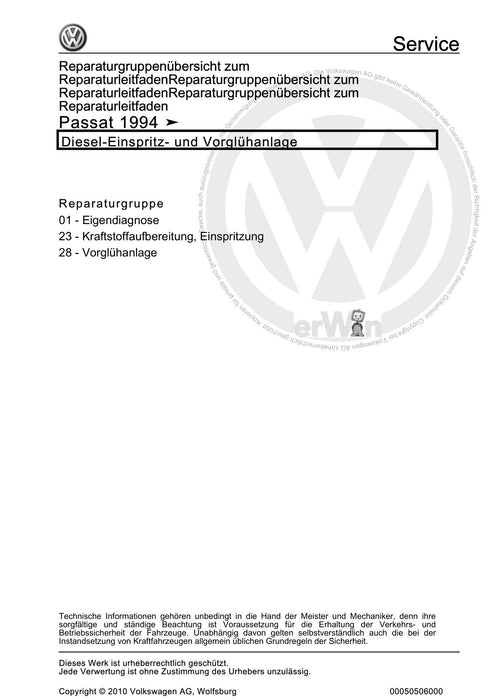 Passat (1994 - 1997) Passat-Passat Variant Reparaturanleitung Diesel-Einspritz- und Vorglühanlage